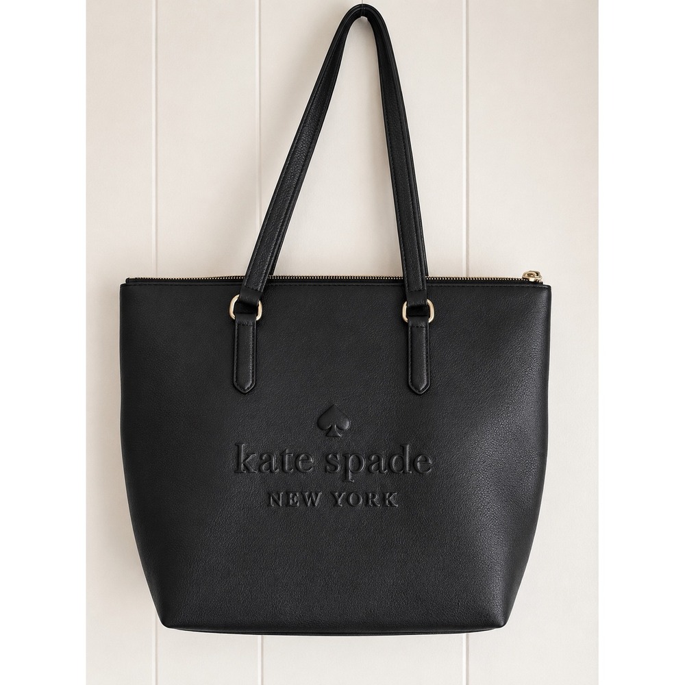 Kate Spade New York Black Pebbled Leather Tote Bag Gold Tone Hardware
